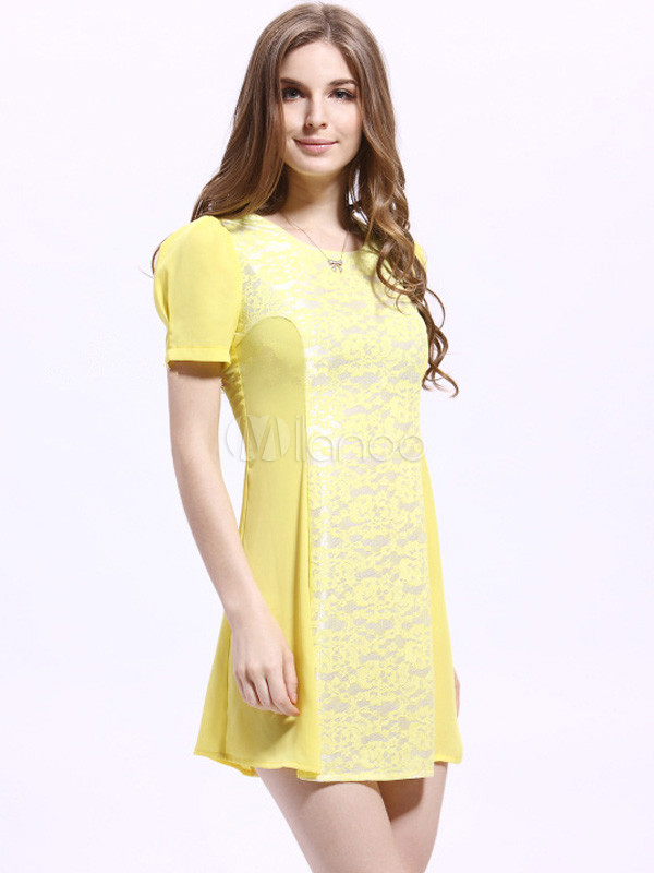 Cute Yellow Lace Crewneck Polyester Short Dress