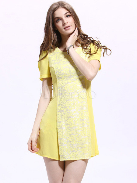 Cute Yellow Lace Crewneck Polyester Short Dress - Milanoo.com