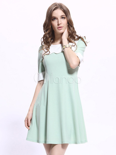 Sweet Polyester Two-Tone Ruffles Crewneck Half Sleeves Skater Dress For ...