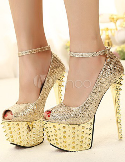 Chic Gold Sequined Cloth Metallic Spikes Peep Toe Shoes - Milanoo.com
