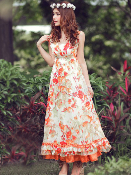 Sweet Orange Floral Print Silk V-Neck Maxi Dress - Milanoo.com