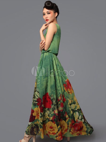 Green Floral Print Chiffon Maxi Dress - Milanoo.com