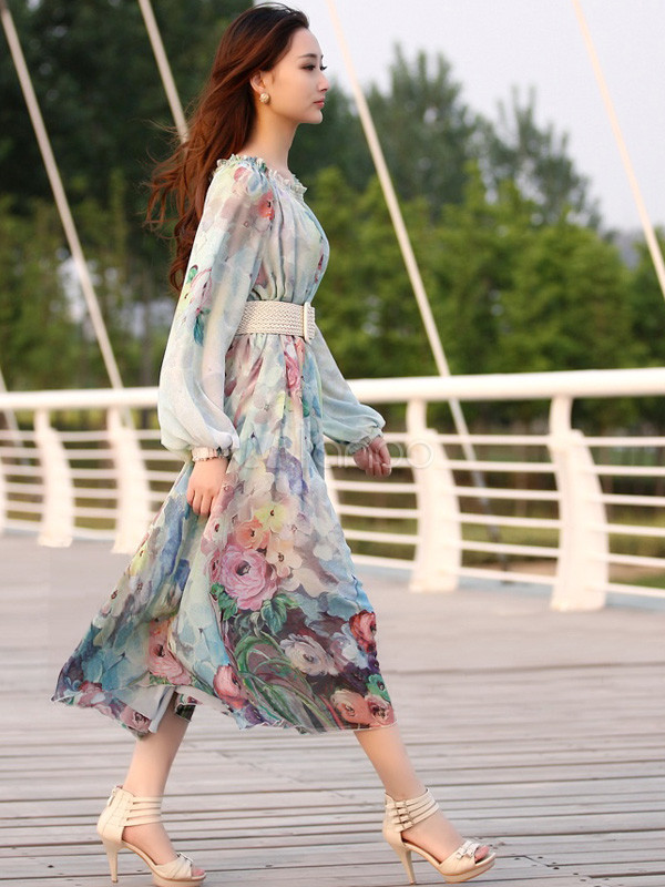 Blue Floral Print Long Sleeves Sash Chiffon Maxi Dress - Milanoo.com