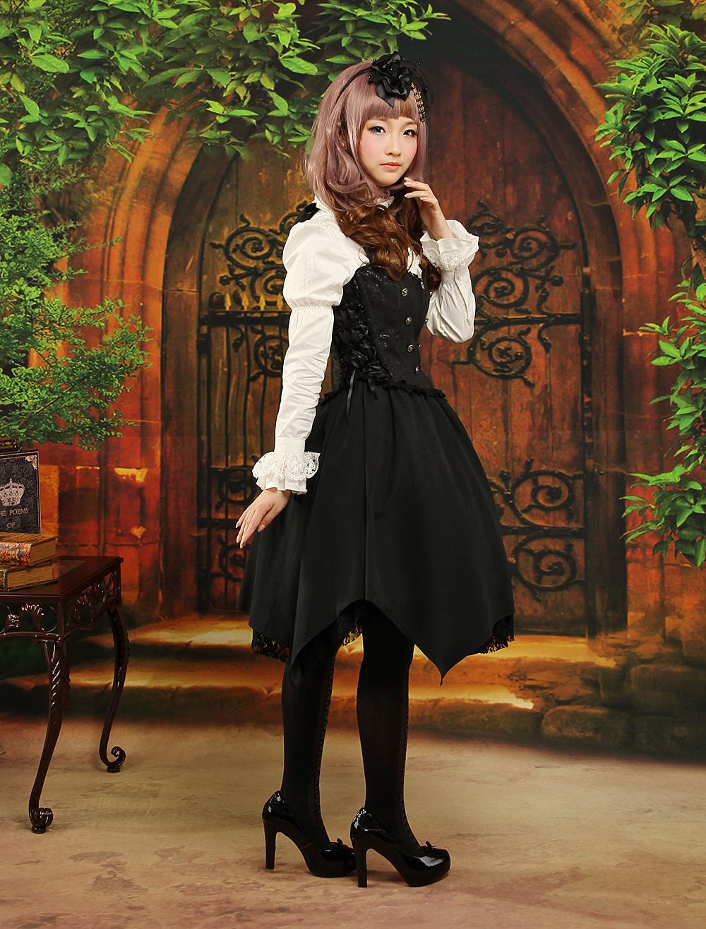 Lolitashow ロリータセパレート ブラック＆ホワイト 姫袖 ロングスリーブ ゴシック リボン - Lolitashow.com