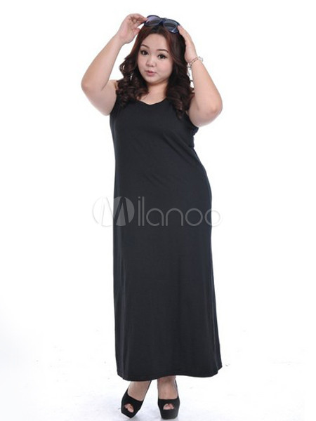 Abito lungo nero casual monocolore enorme con scollo rotondo smanicato in  cotone misto da spiaggia - Milanoo.com