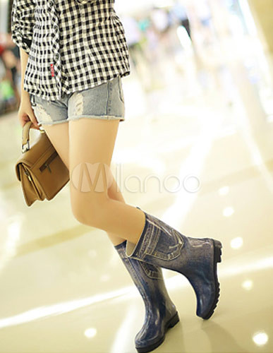 Botas de agua de caucho de azul oscuro con estampado - Milanoo.com