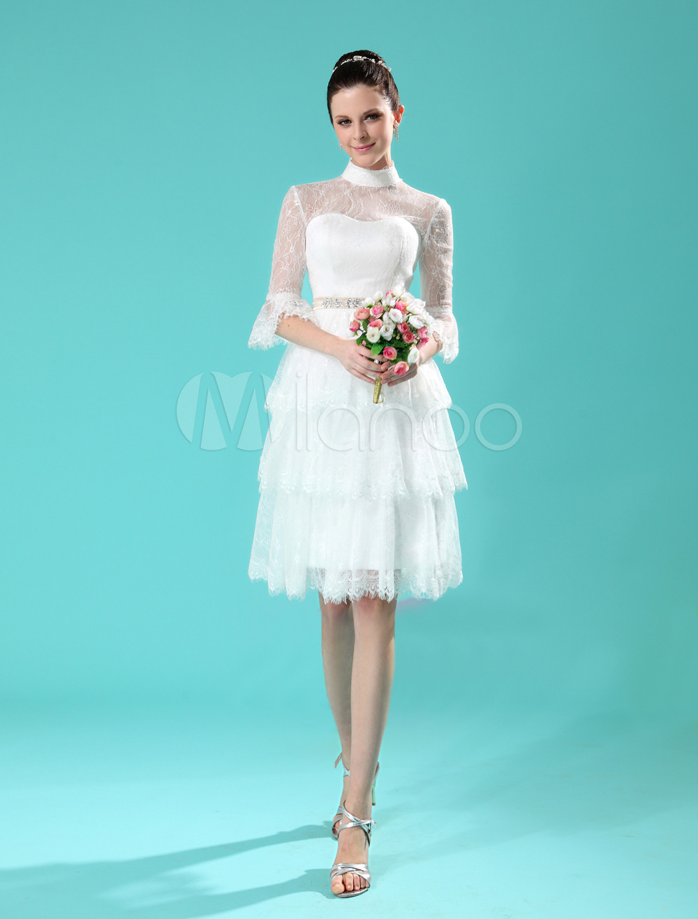 Ivory Aline High Collar Tiered Beading Lace Bridal Wedding Gown Milanoo