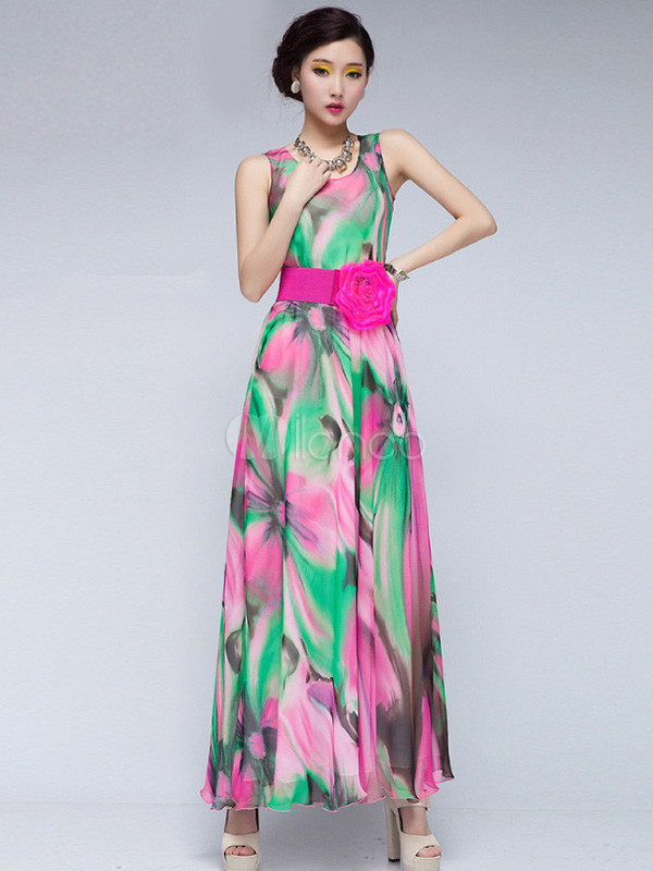 Chic Multi Color Floral Print Sash Chiffon Crewneck Maxi Dress ...