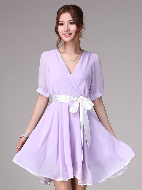 Elegant Lavender Chiffon V Neck Half Sleeves Skater Dress Elegant Lavender Chiffon V Neck Half Sleeves Skater Dress No 1