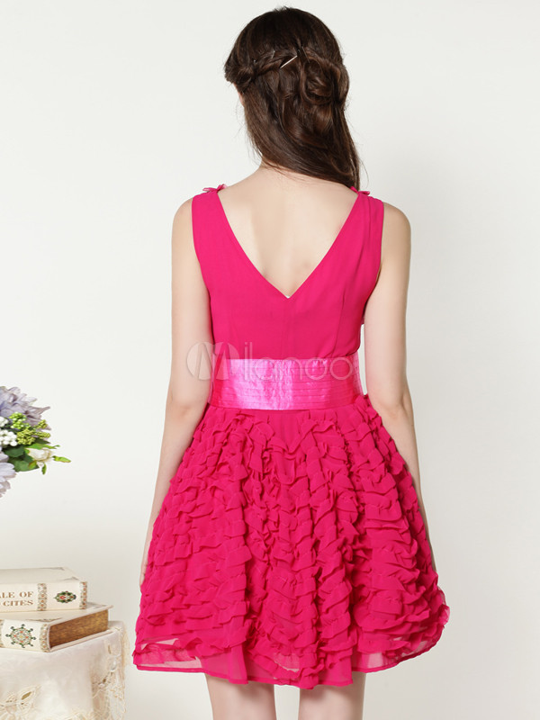 Sexy Rose Red Chiffon Pleated V Neck Sleeveless Skater Dress