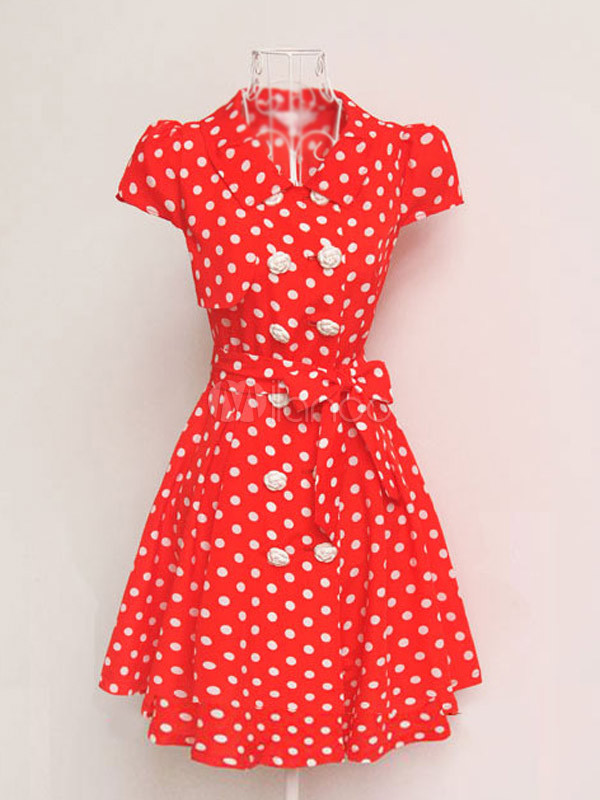 Sweet Red Polyester Polka Dot Buttons Turndown Collar Short Sleeves ...