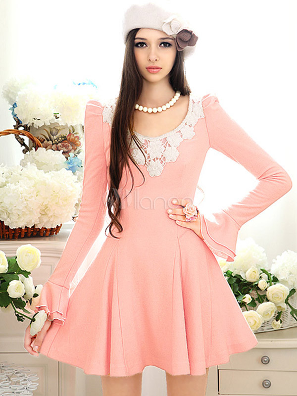 Wool Polyester Lace Scoop Neck Long Sleeves Fashion Skater Dress ...
