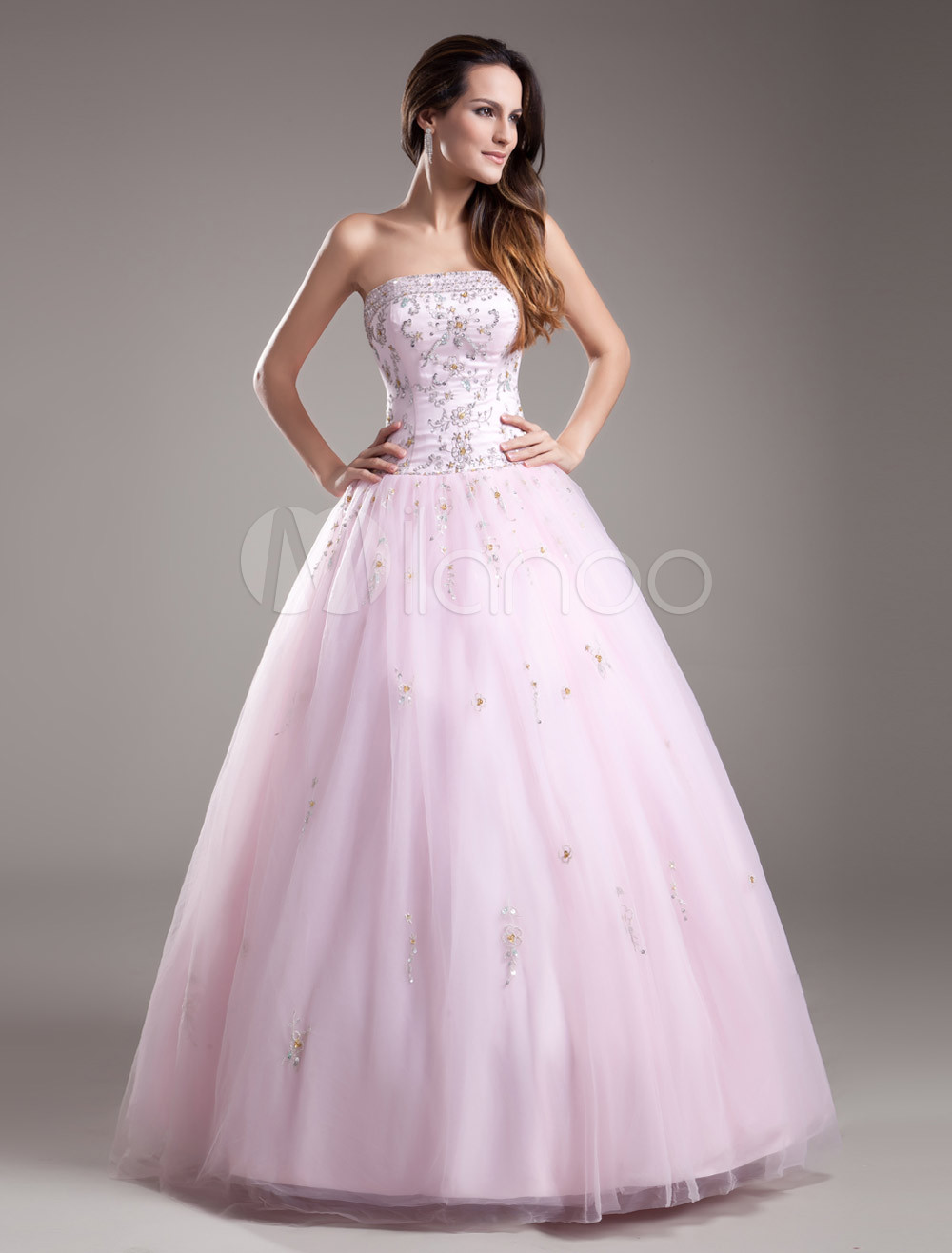 Charming Pink Beading Tulle Strapless Ball Gown - Milanoo.com