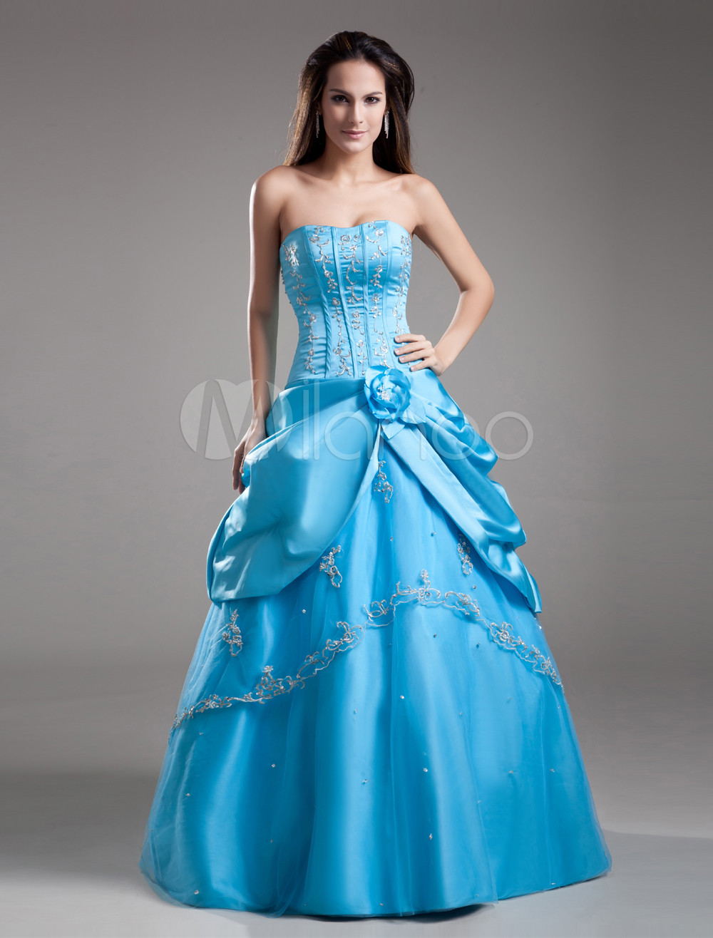 Elegant Formal Blue Applique Flower Satin Strapless Ball Gown - Milanoo.com