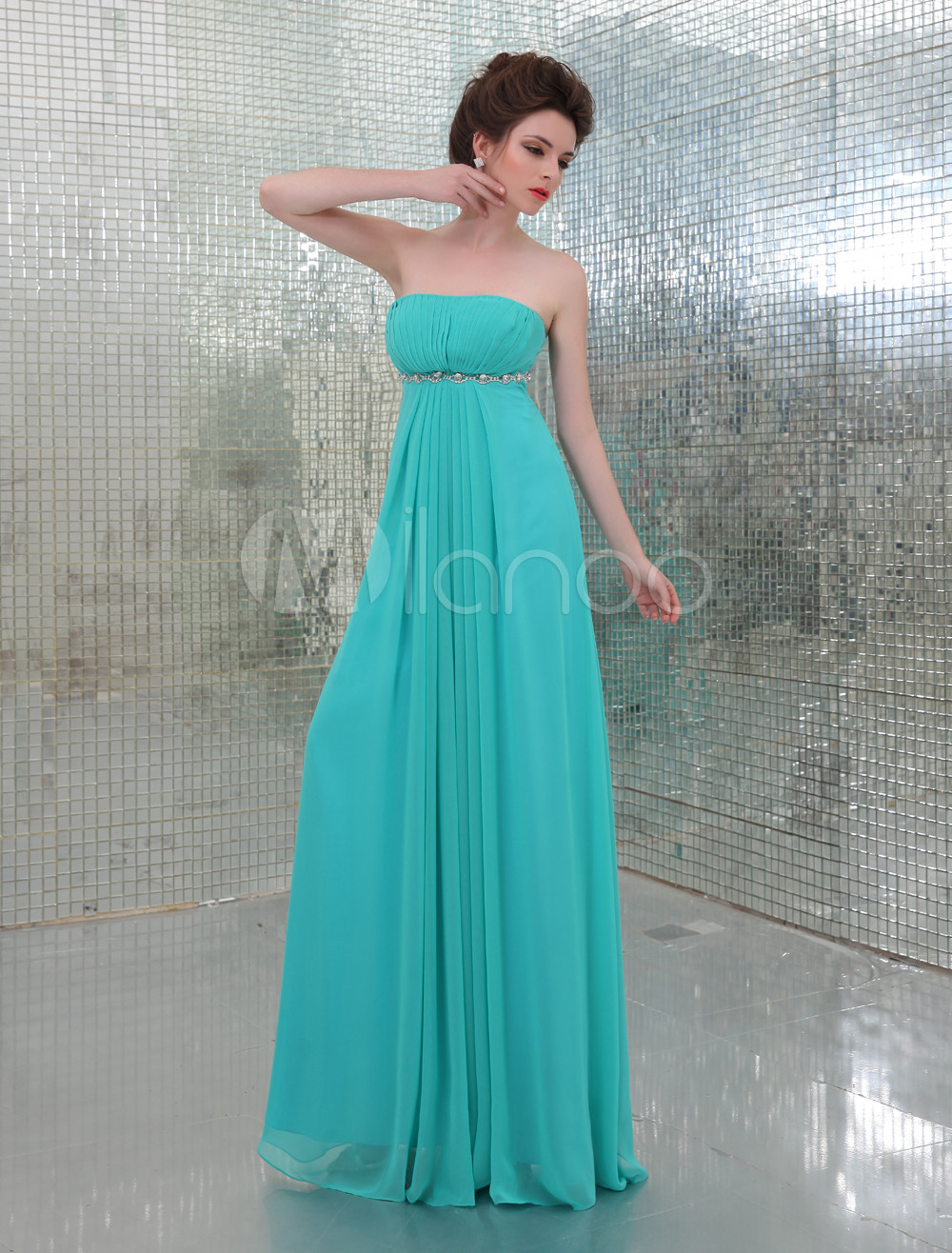 Green Strapless A-line Beading Chiffon Elegant Evening Dress - Milanoo.com