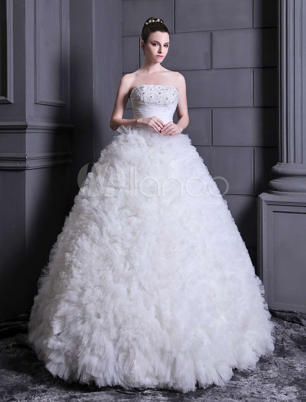 Floor Length Strapless Ball Gown Beading White Wedding Dress For Bride 0328