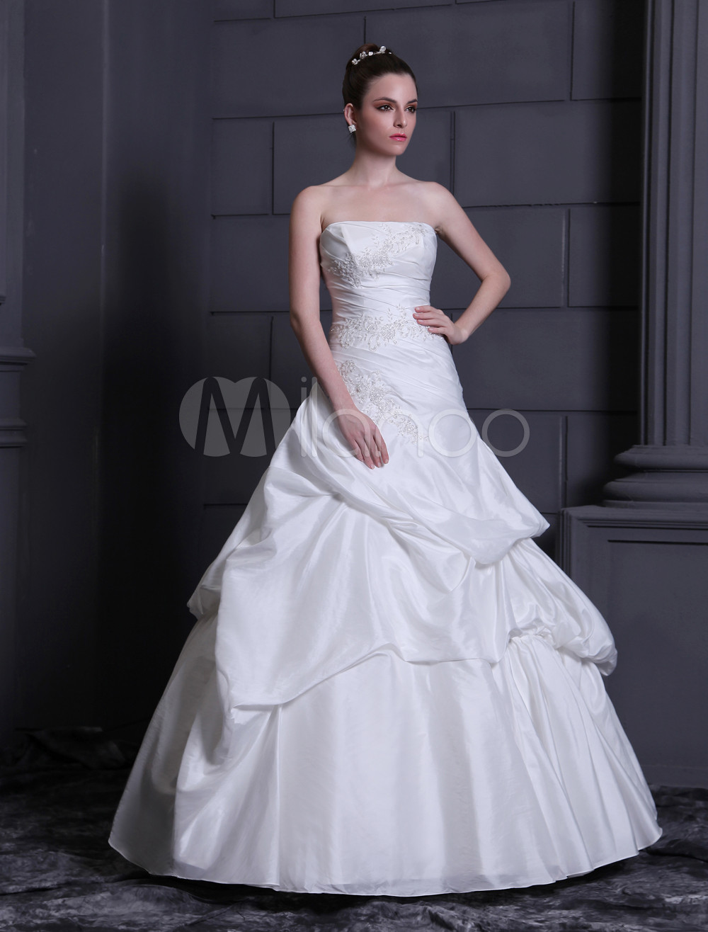 White Ball Gown Strapless Pleated Beading Satin Bridal Wedding Gown ...