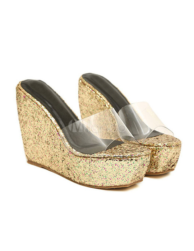 D'or Compensés Plastique Ouvert Talons Bout Sandales Femme À Mules OZuTwkiPX