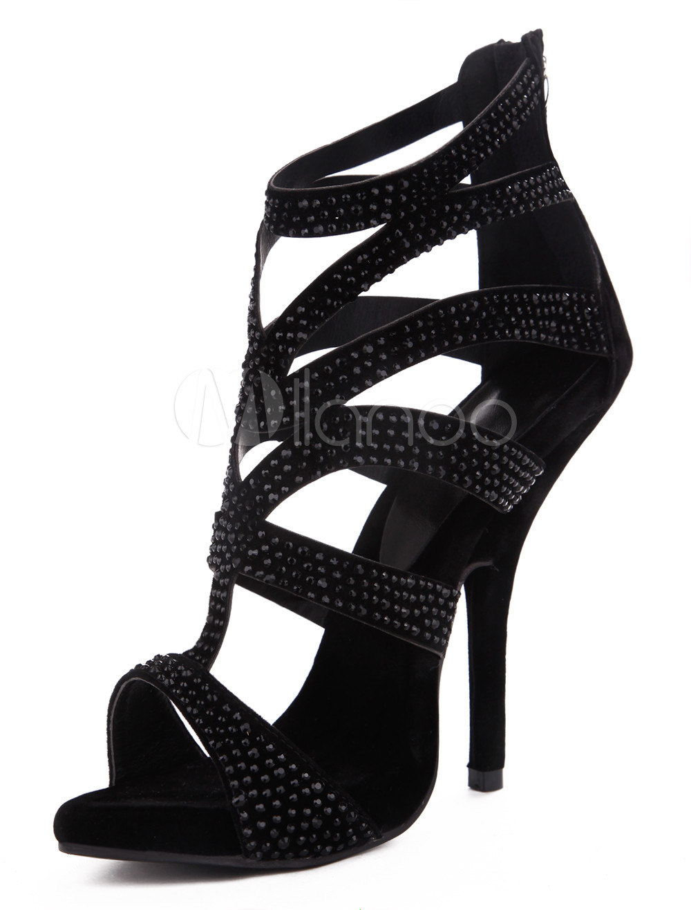 Sexy Black Sheepskin Suede Stiletto Heel Women's Gladiator Sandals ...
