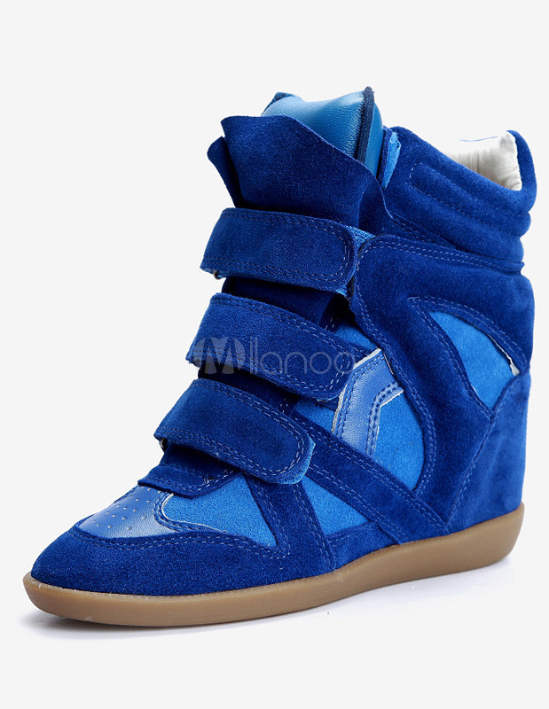 Modern Royal Blue Velcro Round Toe Sheepskin Suede Wedge Sneakers for ...