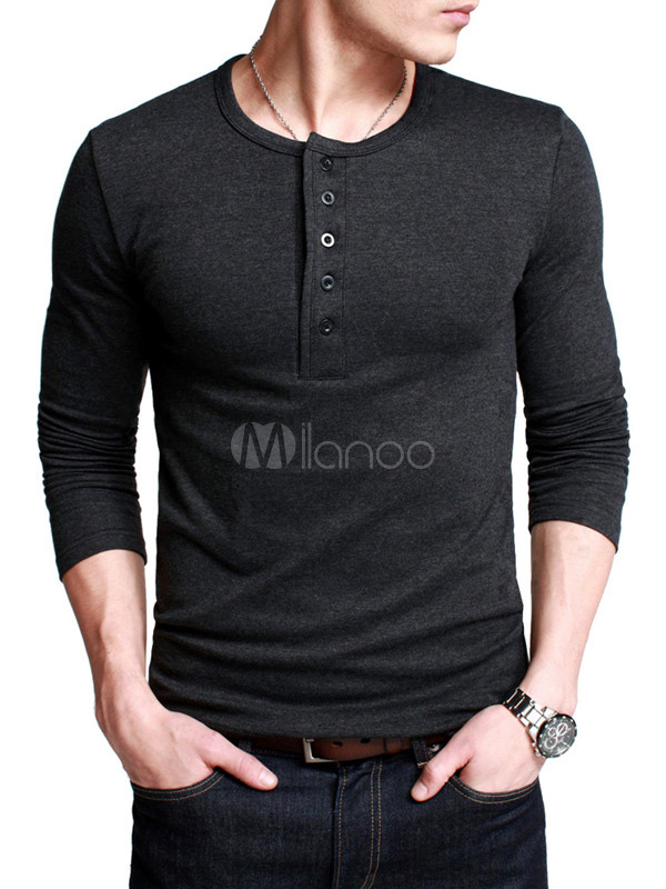 Long Sleeves Crewneck Solid Color Cotton Trendy T-Shirt For Man ...