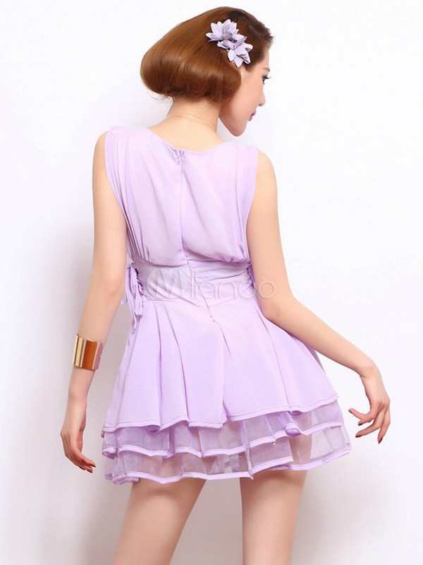 Attractive Purple V Neck Ruffles Chiffon Womans Skater Dress 