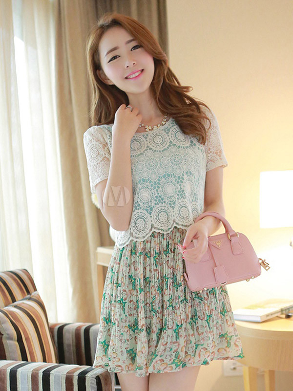 Cosy Short Sleeves Floral Print Chiffon Sexy Woman's Mini Dress
