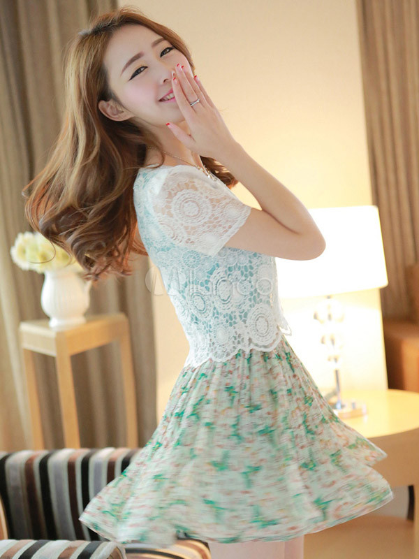 Cosy Short Sleeves Floral Print Chiffon Sexy Woman's Mini Dress