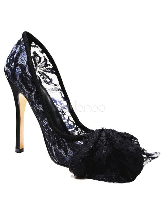 black lace open toe heels