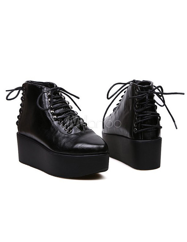 Charming Black Lace Up Round Toe PU Leather Women's Wedge Booties ...