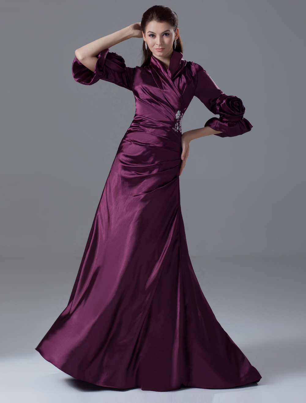 Grape A-line 3/4 Length Sleeves Elastic Woven Satin Evening Dress with ...