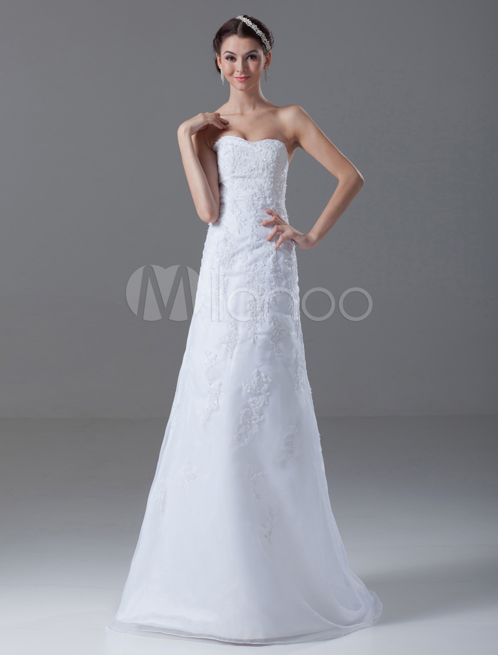 Sweep A-line Strapless Beading Organza White Brides Wedding Dress ...