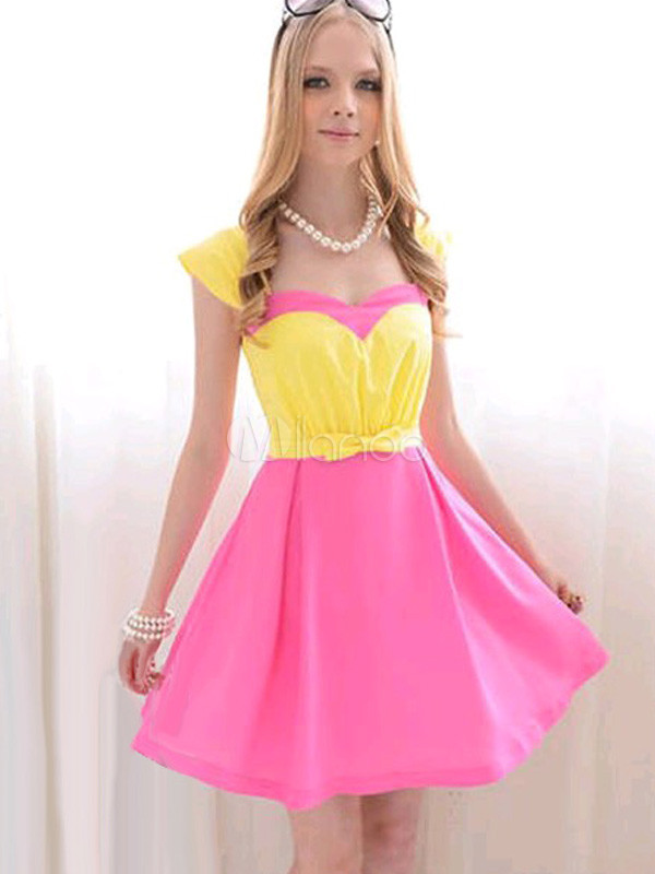 Платье розово желтое