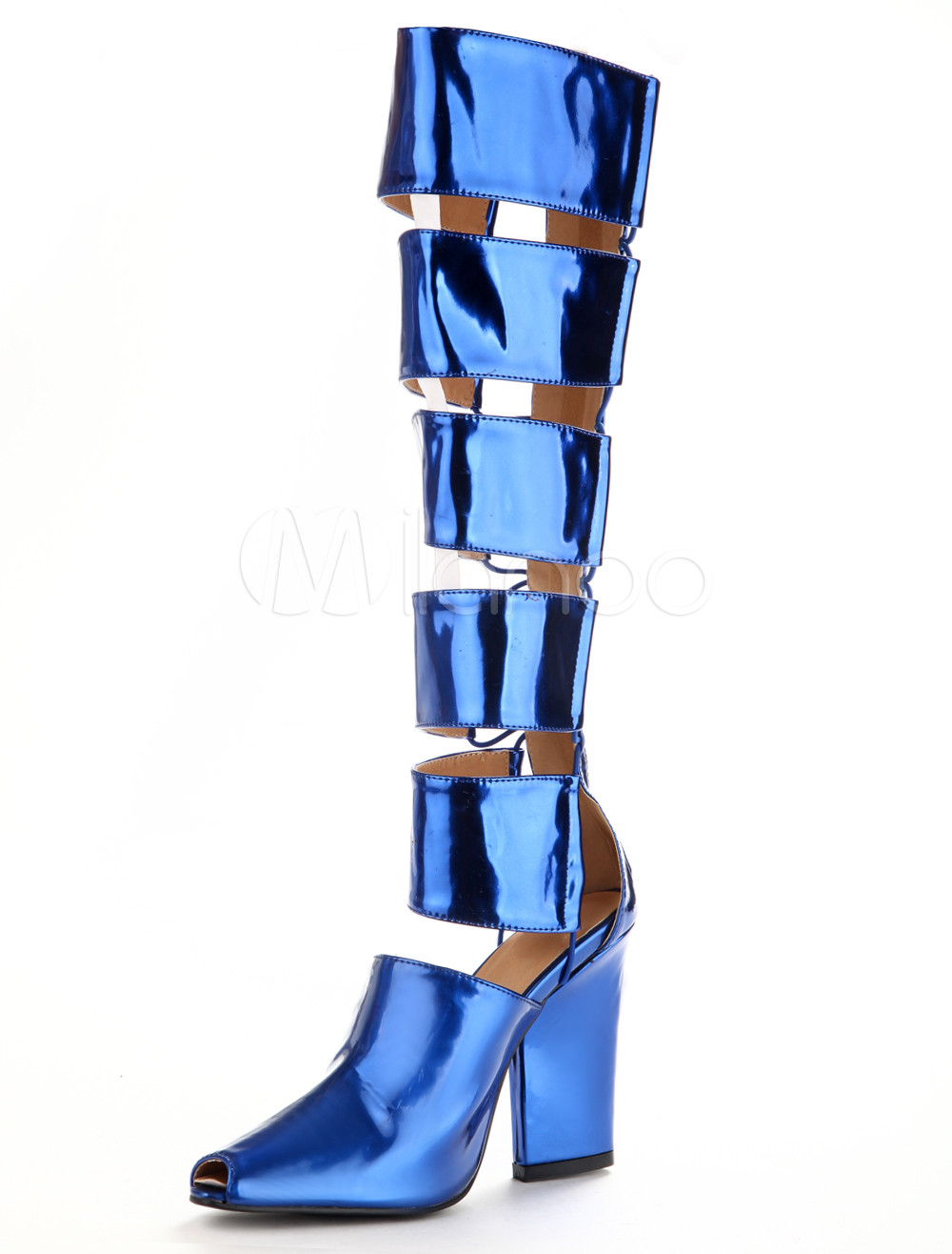 Shiny Blue Metallic PU Leather Chunky Heel Women's Over the Knee Boots ...