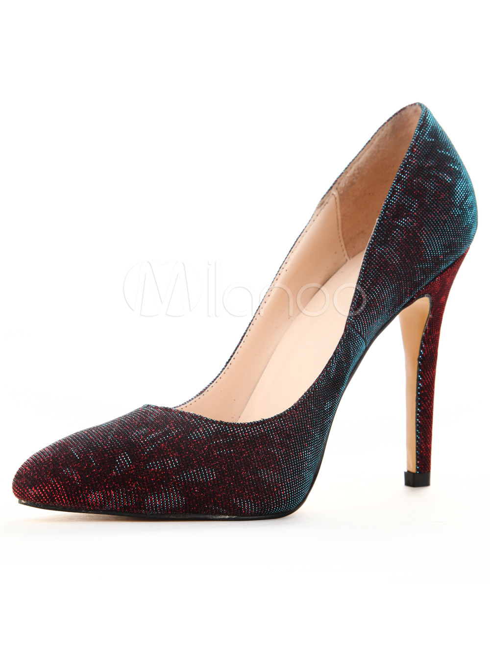 Burgundy Glitter Silk And Satin Attractive Women's Pointy Toe Heels