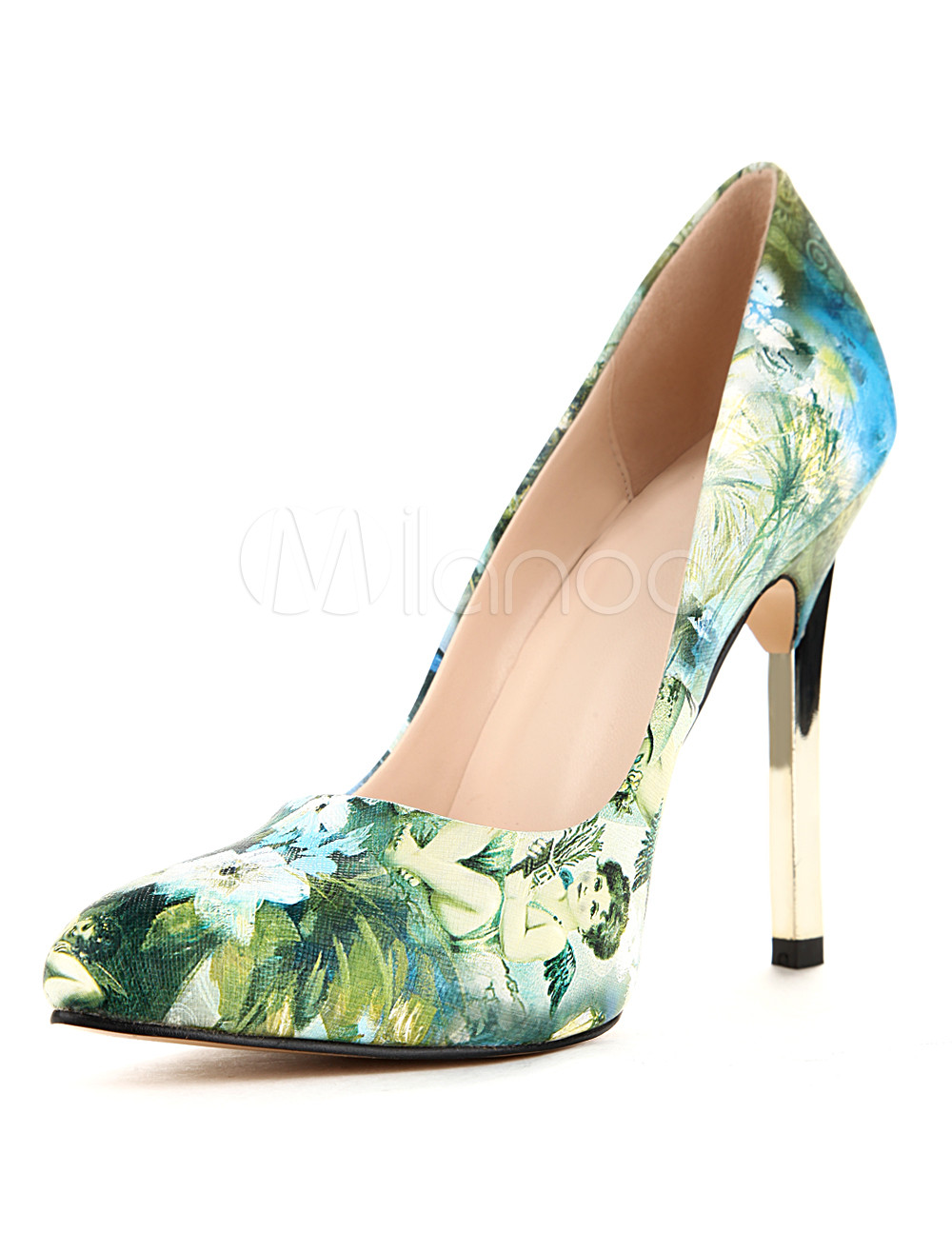 Multi Color Floral Print Faux Leather Pretty Pointy Toe Heels - Milanoo.com