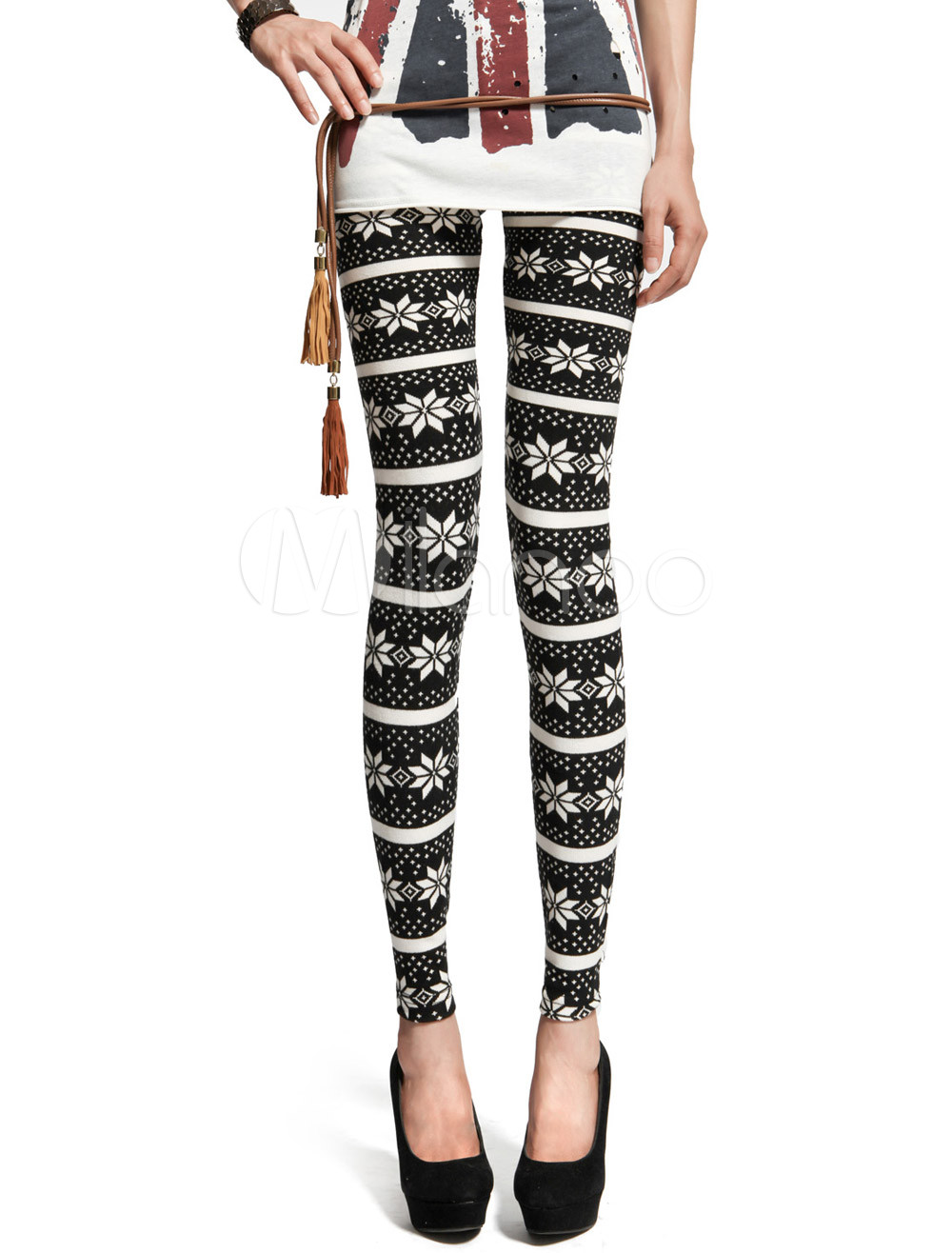 Black Polyester Jacquard Comfy Woman's Leggings - Milanoo.com