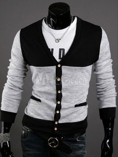 Two-Tone Cotton Long Sleeves Fashion Men's Cardigan - Milanoo.com
