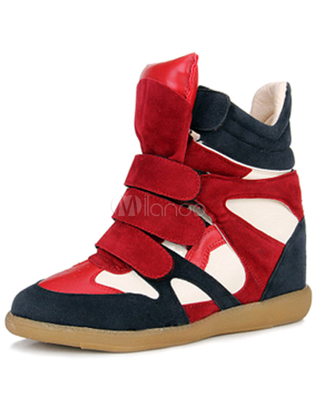 Red Round Toe Color Block Monogram Suede Woman's Sneakers - Milanoo.com
