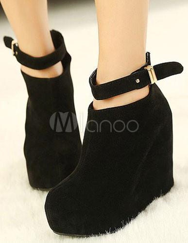 Black Round Toe Micro Suede Attractive Wedge Booties for Woman ...