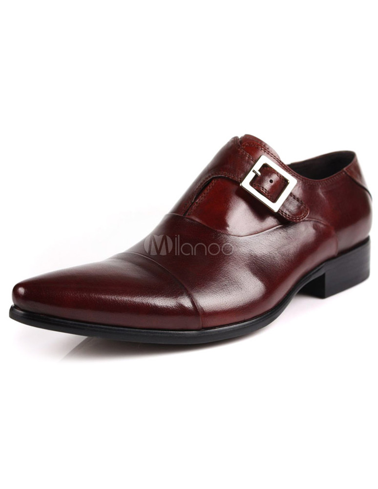 Brown Pointed Toe Monk Strap Cowhide Modern Dress Shoes for Men ...
