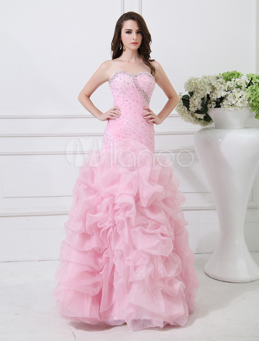 Mermaid Pink Sweetheart Floor-Length Organza Pleated Evening Dress ...
