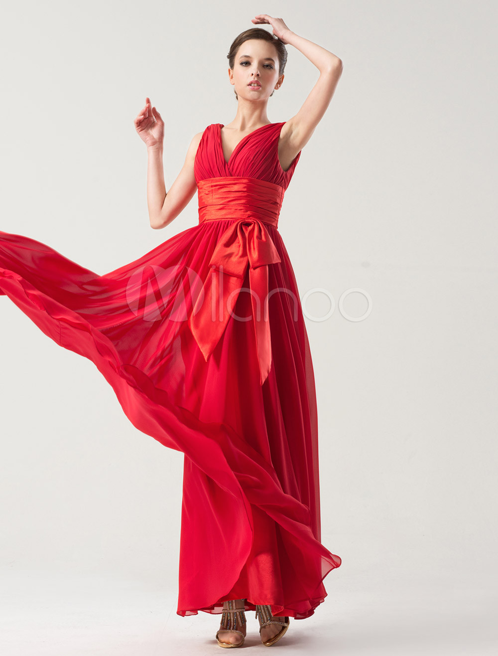 Red A-line Ruffle Layers Plunging V Neck Straps Long Prom Dress cc539 main image 1