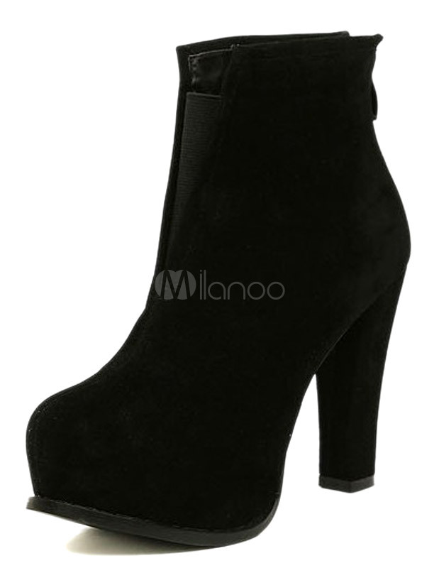 Moderna negro ronda botines de tacón punta tacón grueso Micro gamuza  superior femenina - Milanoo.com