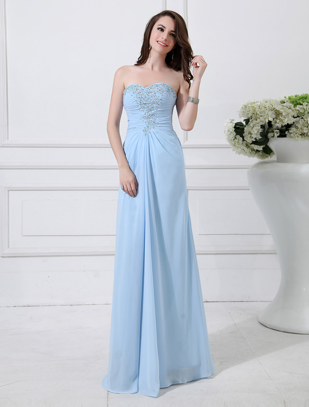 baby blue strapless prom dress