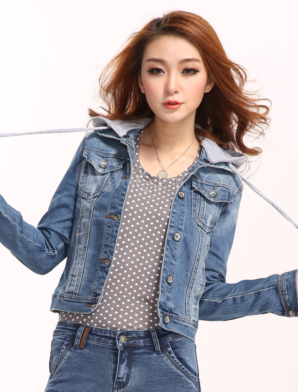 Blue Spread Neck Distressed Fashion Denim Jacket for Woman - Milanoo.com