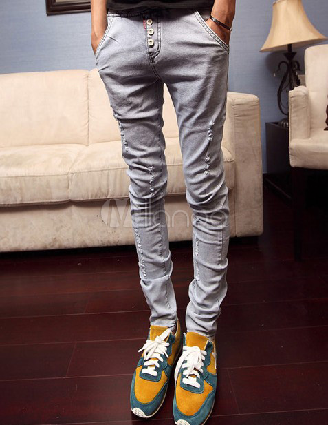 Azul estilo afligidos los pantalones vaqueros de guapo hombres flacos -  Milanoo.com