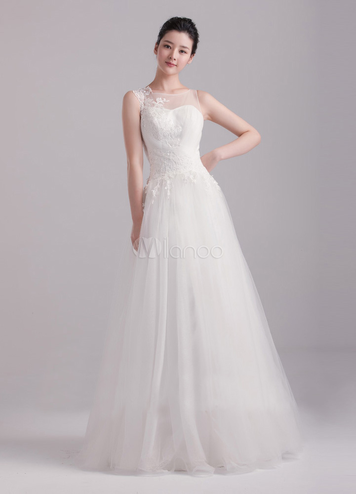 vestido de novia de tul de color marfil con cuello redondo - milanoo