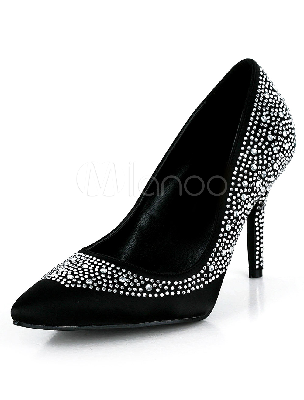 Pretty Black Silk And Satin Rhinestone Pointed Toe Bridal Pumps