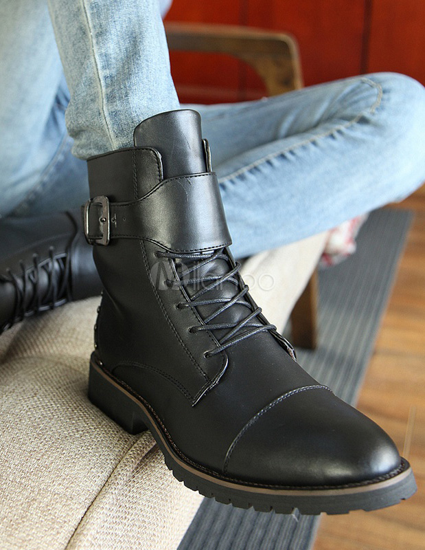 Black Strappy Cowhide Almond Toe Fashionable Boots for Man - Milanoo.com